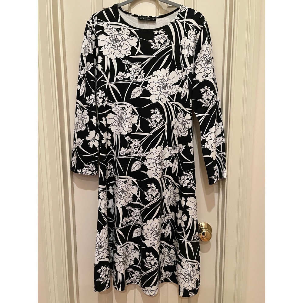 Bryn Walker Floral Midi Dress Womens XS Black White Long Sleeve A-Line Modal NWT